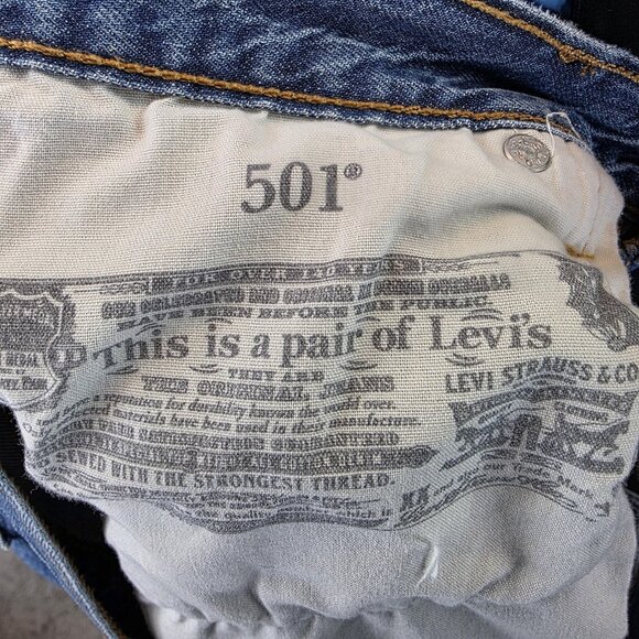 Levis 501 Jeans Womens 32 Blue Button Fly Distressed Denim Pants Straight Leg - Picture 10 of 13